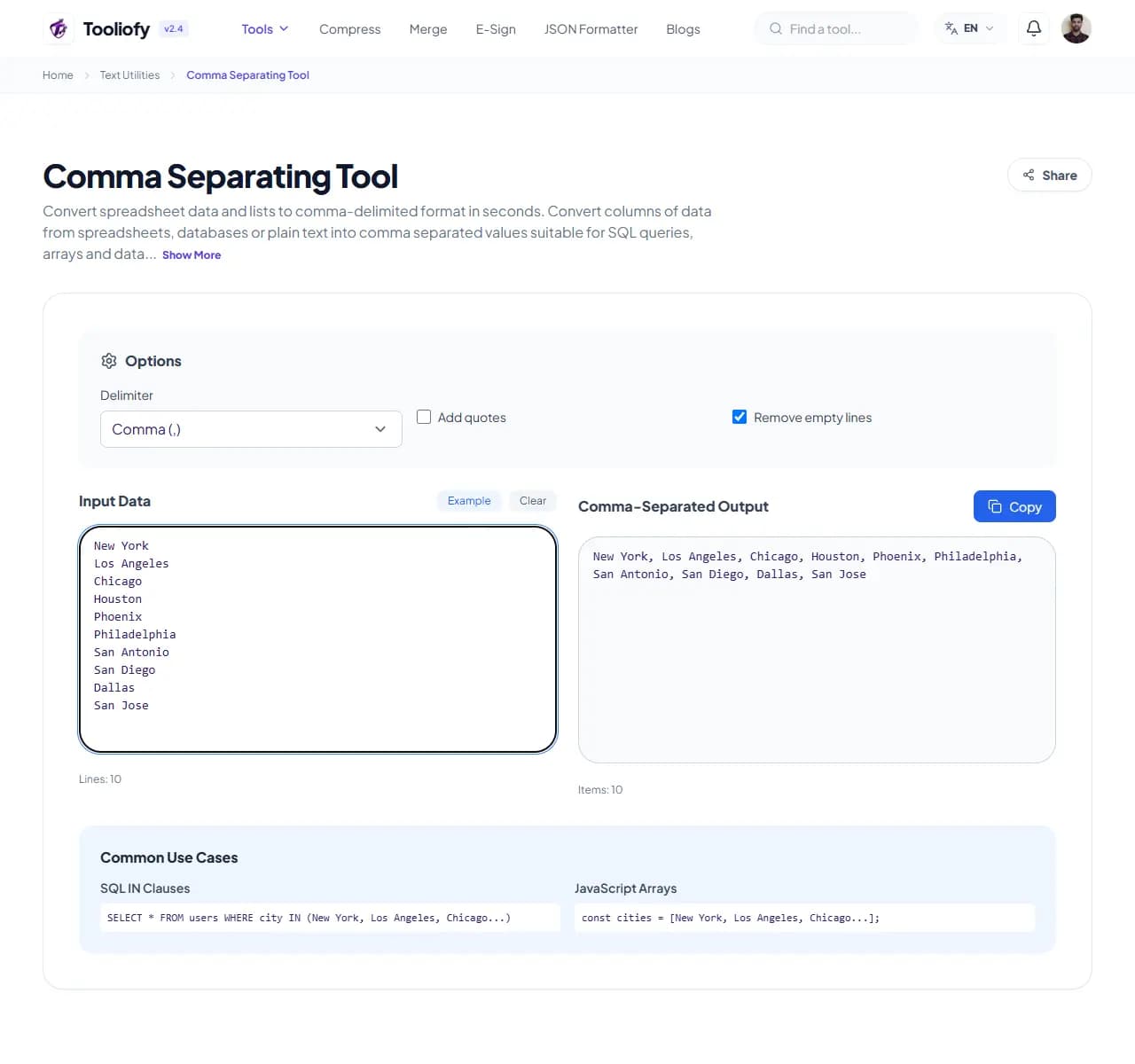 Comma Separating Tool - Processing