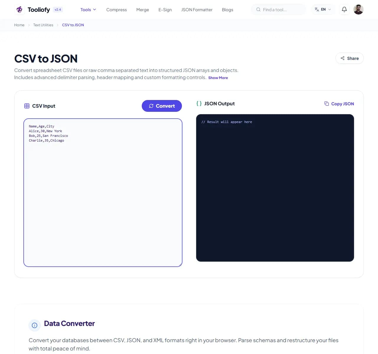 CSV to JSON - Processing