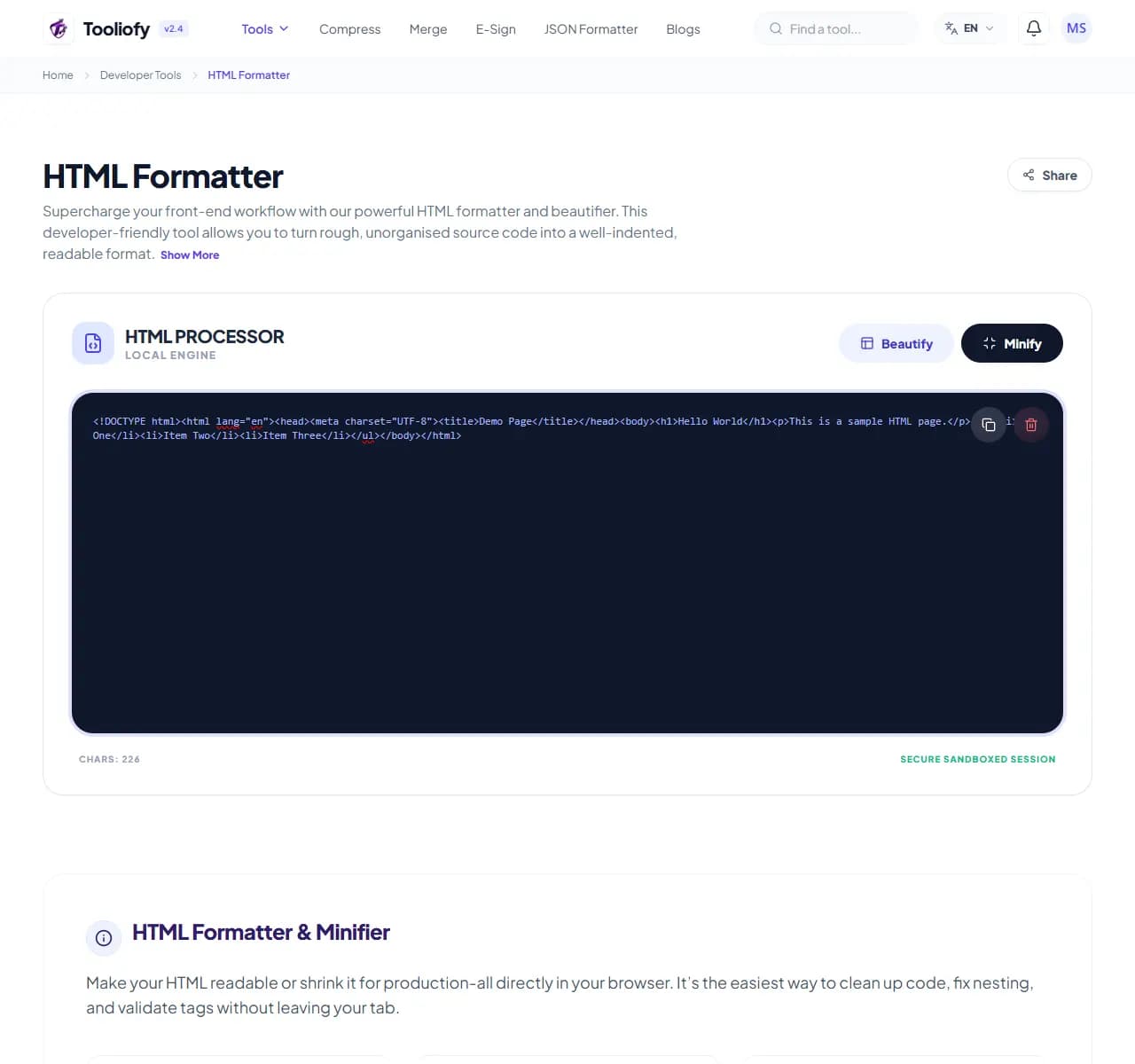 HTML Formatter - Processing