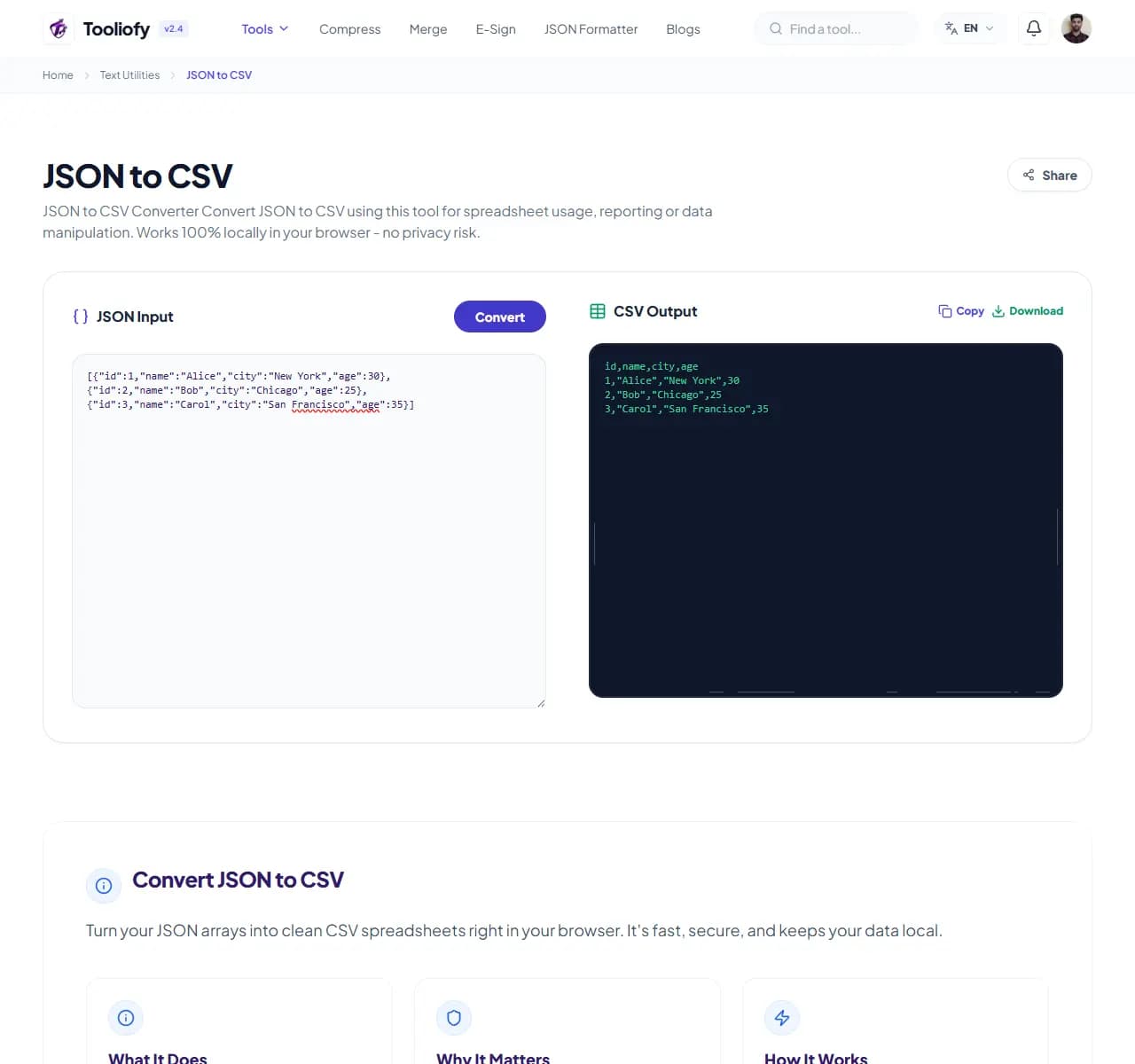 JSON to CSV - Download File