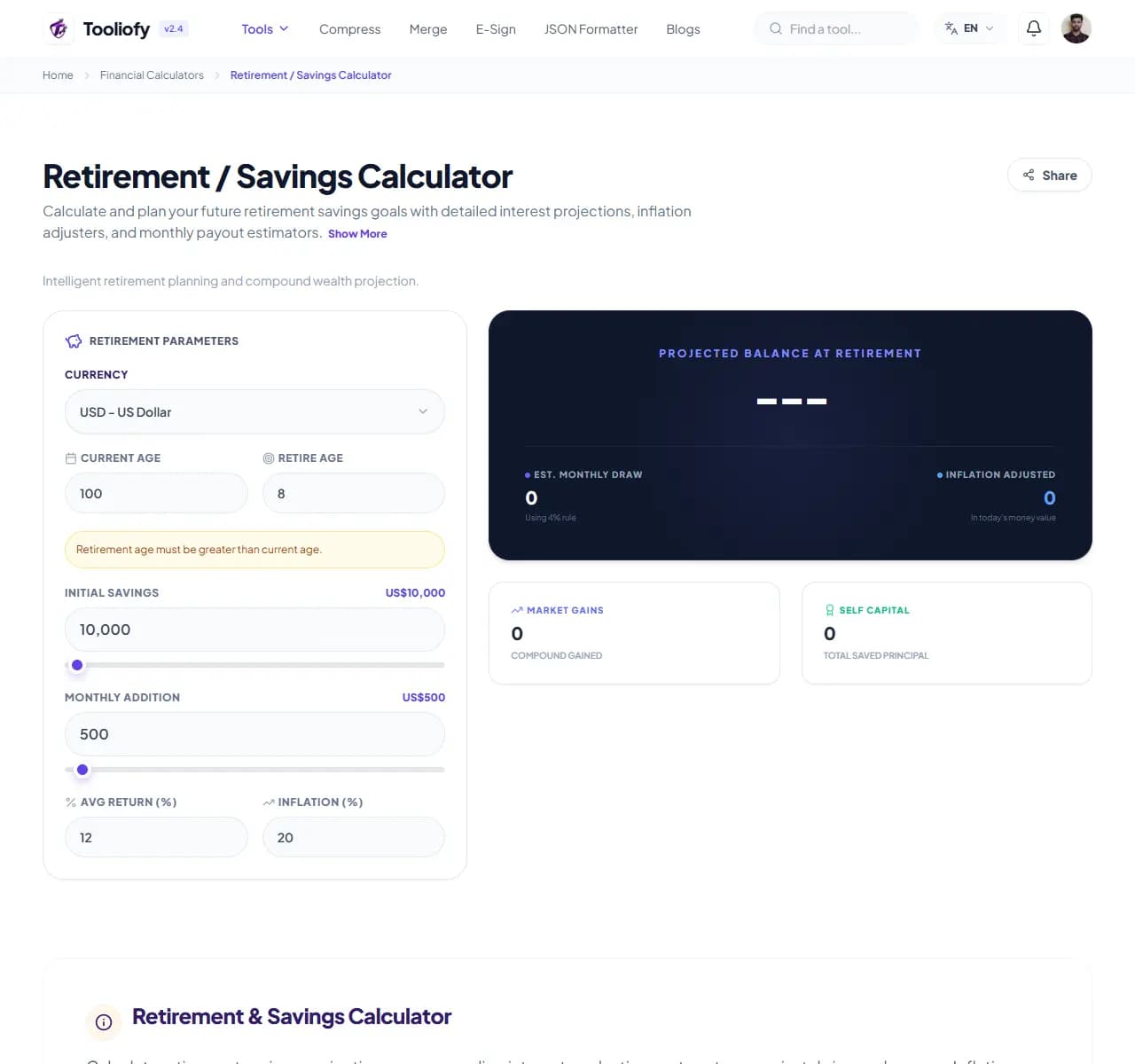 Retirement / Savings Calculator - Processing
